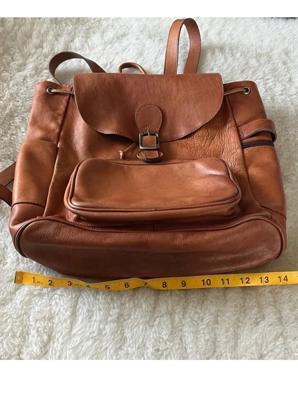 Cognac Brown Leather Backpack with Flap front & drawstring top